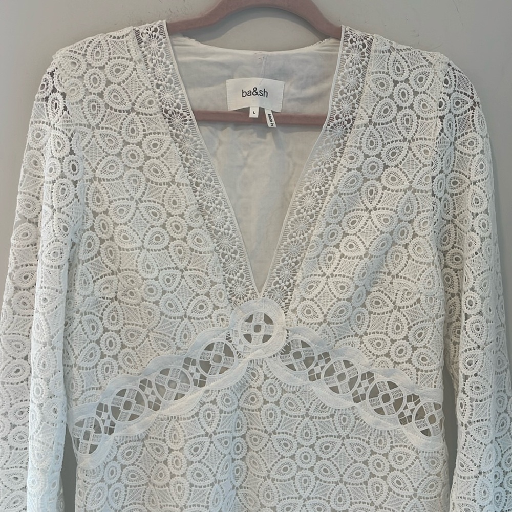 Ba&sh Lace White Crochet Dress Bell Sleeves Size Large NEW - Picture 10 of 13